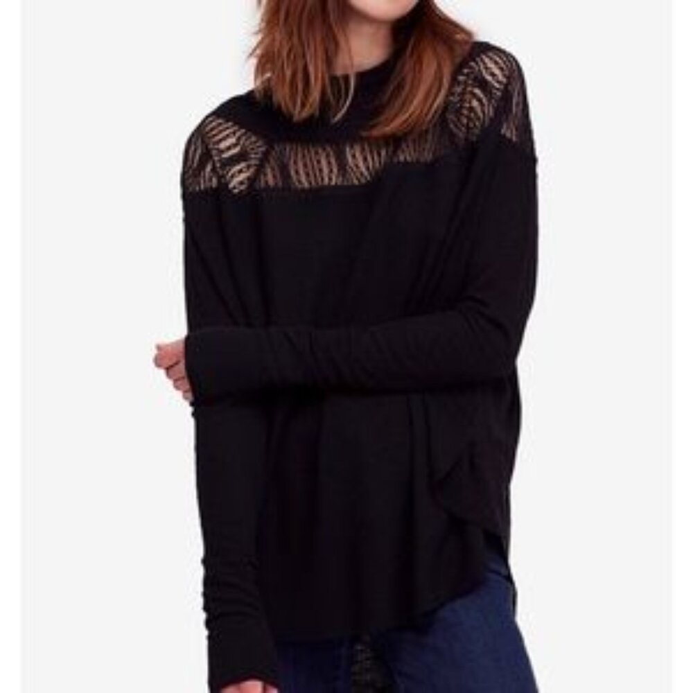 Free People Spring Valley Lace-Trim Top Relaxed Fit Women’s M Black Waffle Knit